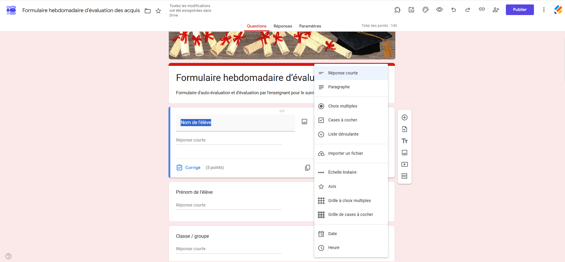 Capture d'écran du formulaire Google Forms avec le menu des type de questions ouvert montrant les douze types de question disponibles