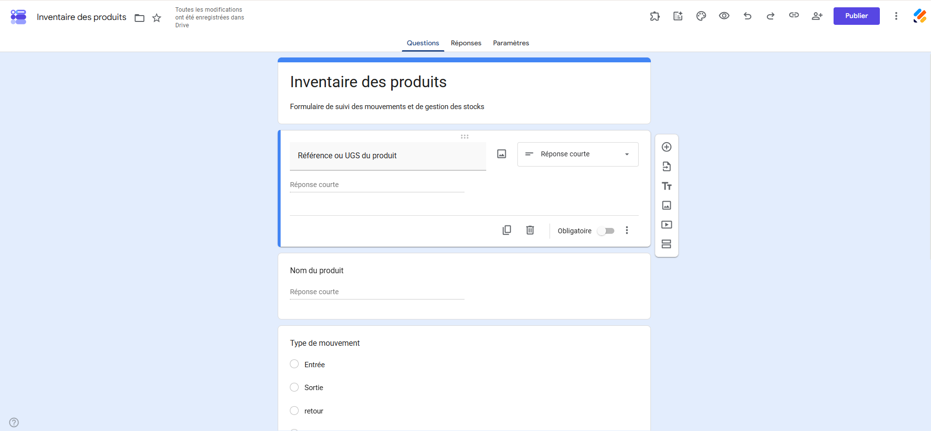 Capture d'écran d'un formulaire Google Forms intitulé Inventaire des produits avec plusieurs questions