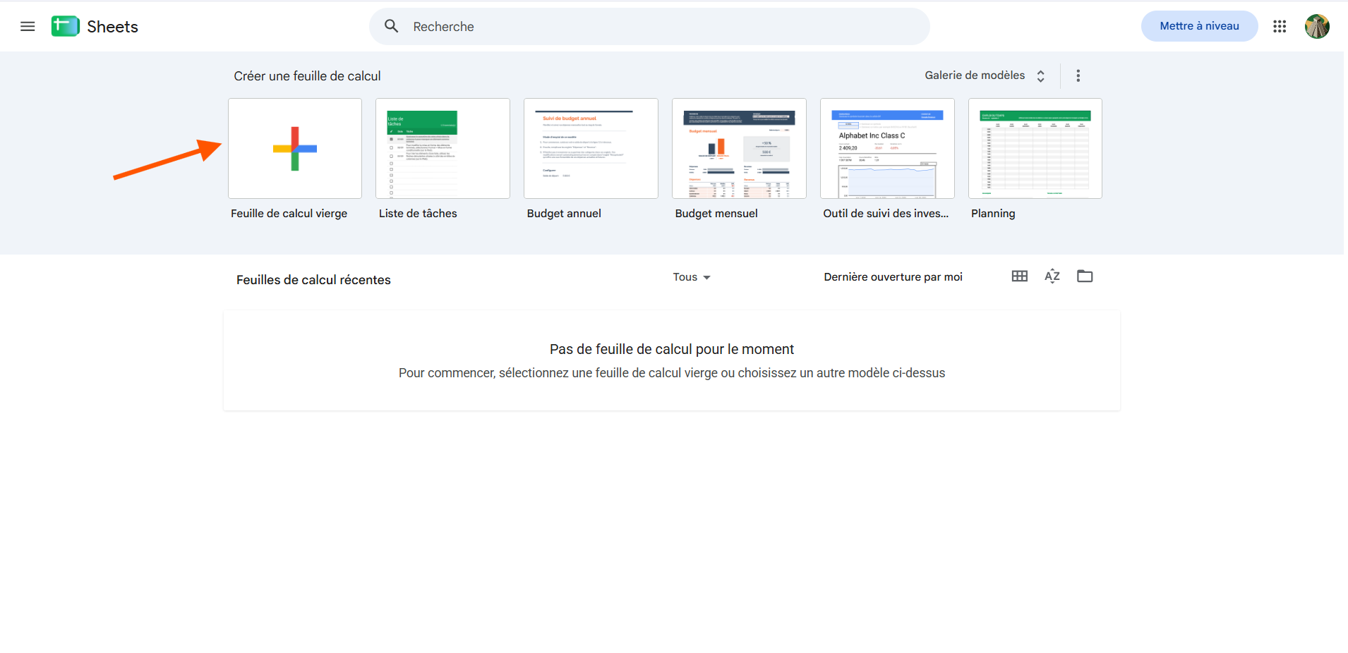 Capture d'écran de la page de création d'une feuille de calcul dans l'interface de Google Sheets