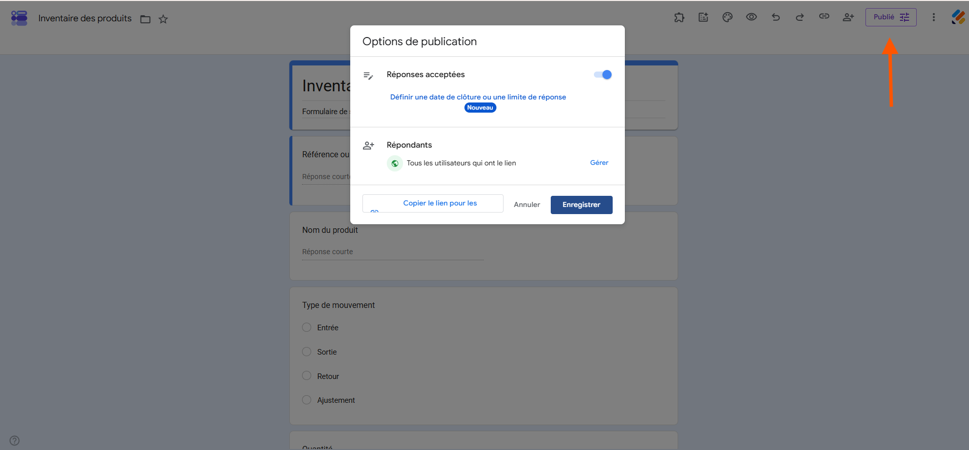 Capture d'écran de la fenêtre Options de publication dans Google Forms