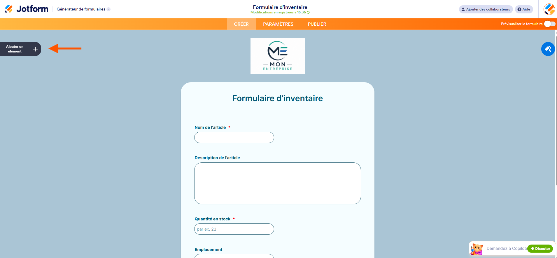 Capture d'écran d'un formulaire d'inventaire dans Jotform