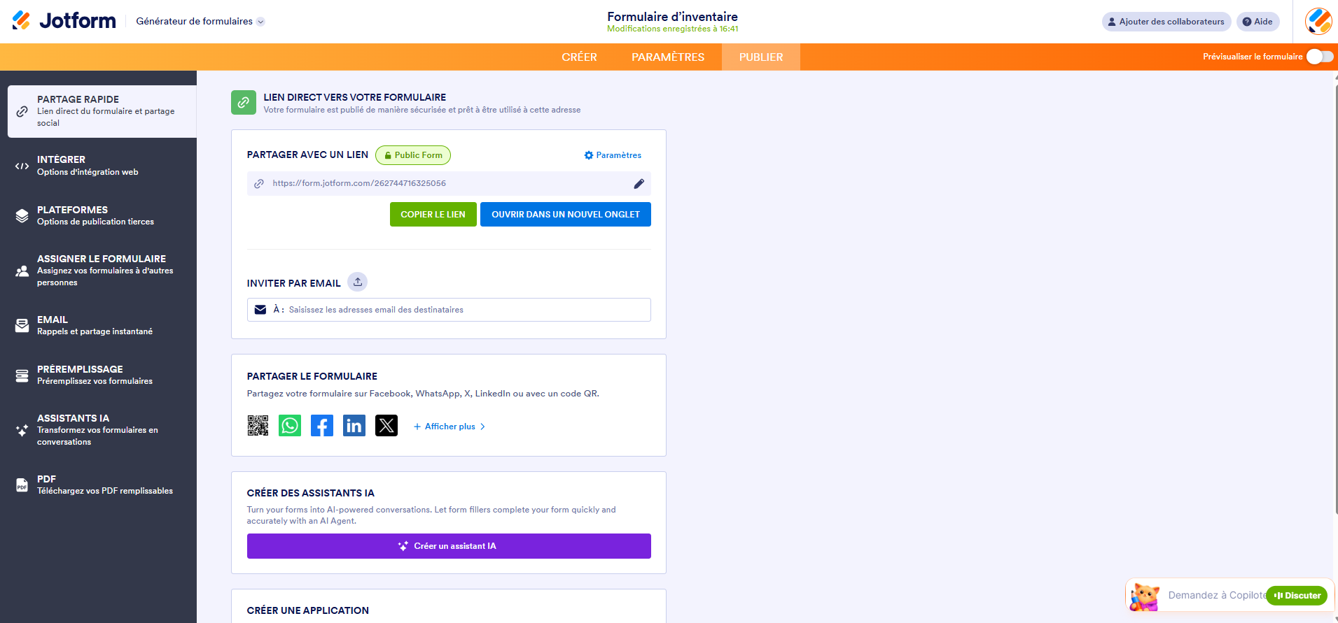 Capture d'écran des options de partage de l'onglet Publier dans Jotform
