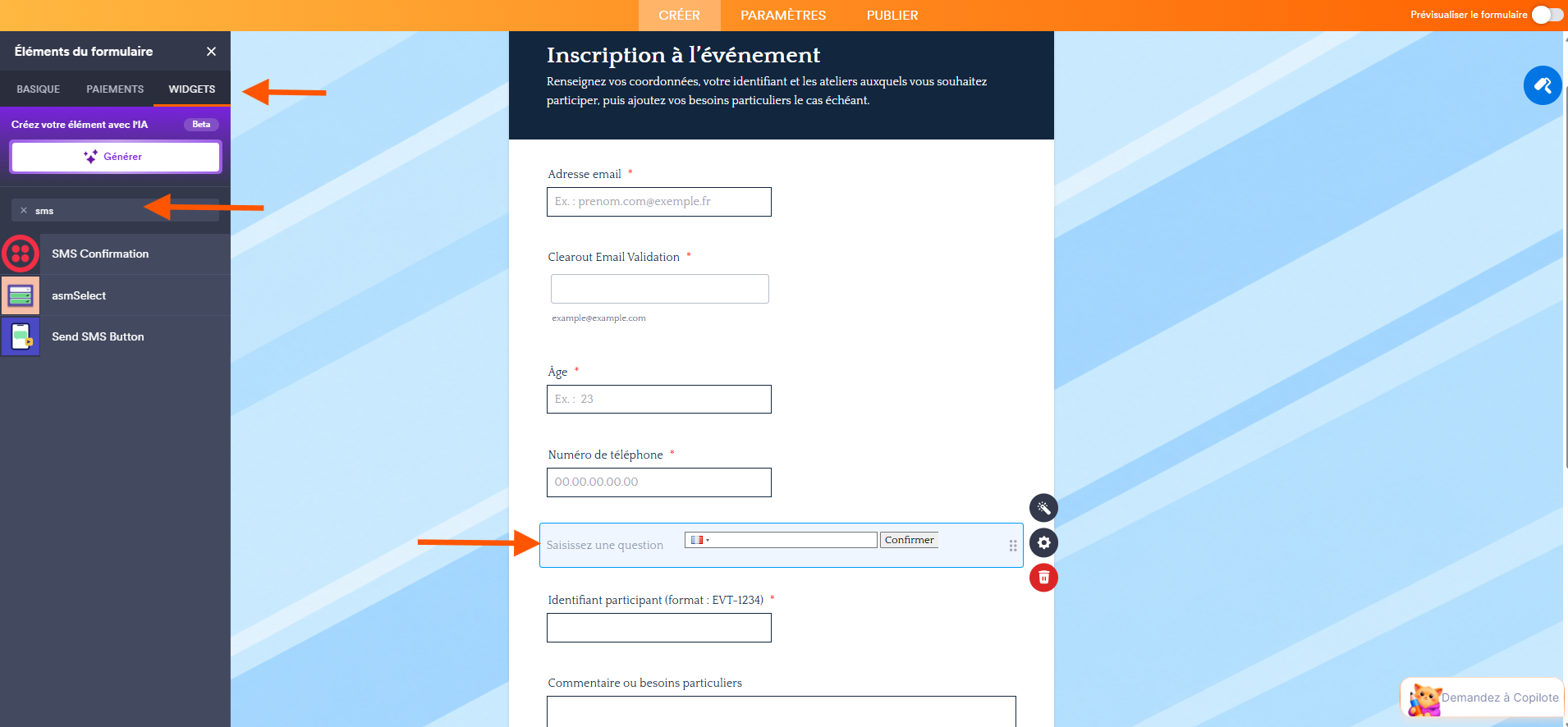 Capture d'écran du formulaire dans Jotform avec une flèche vers widget dans le volet Éléments du formulaire à gauche, une autre vers SMS dans le champ de recherche et une troisième vers le widget Confirmation par SMS ajouté dans le formulaire