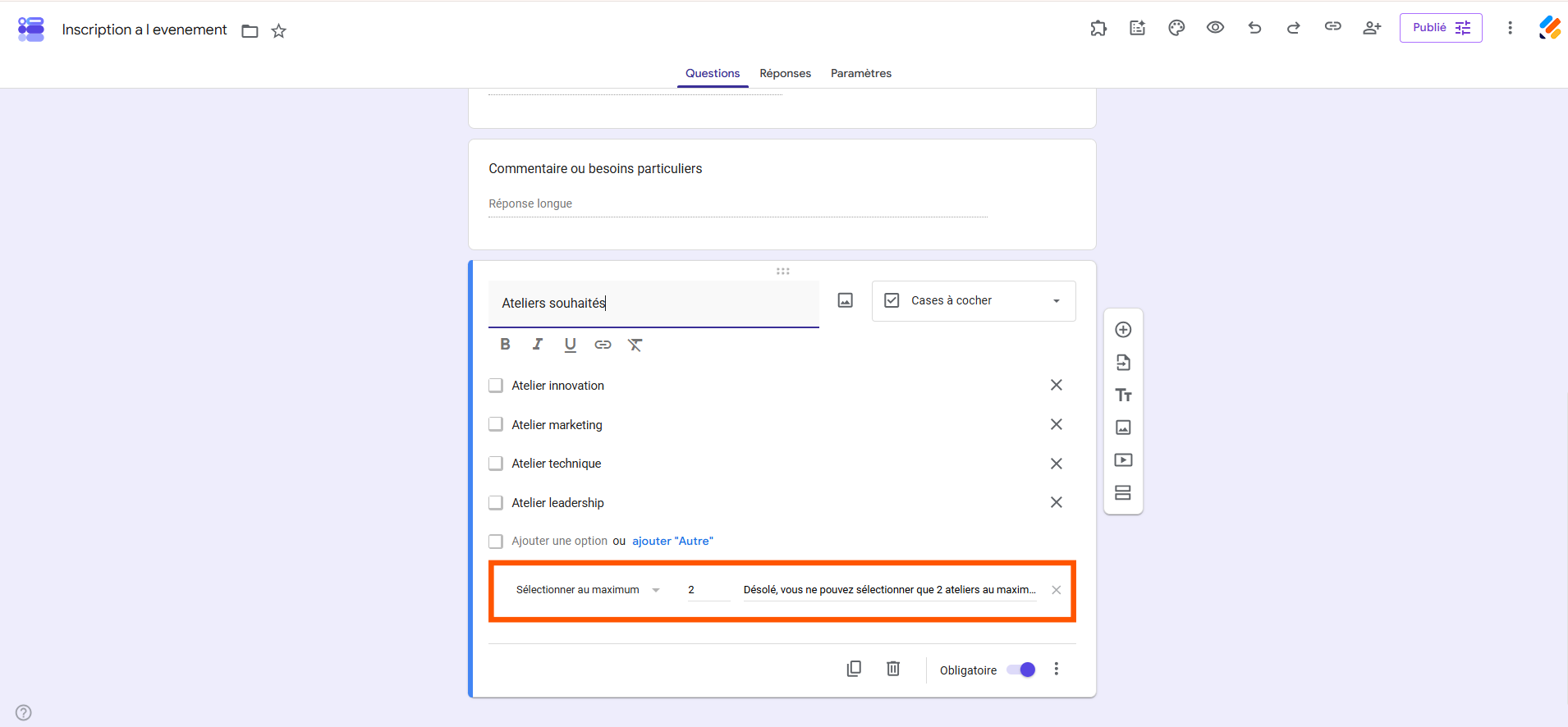 Capture d'écran d'une question Cases à cocher avec une validation de réponse dans Google Forms
