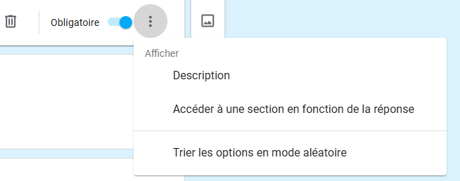 Capture d'écran de l'option Accéder à une section en fonction de la réponse dans le menu à trois points d'une question Choix multiples