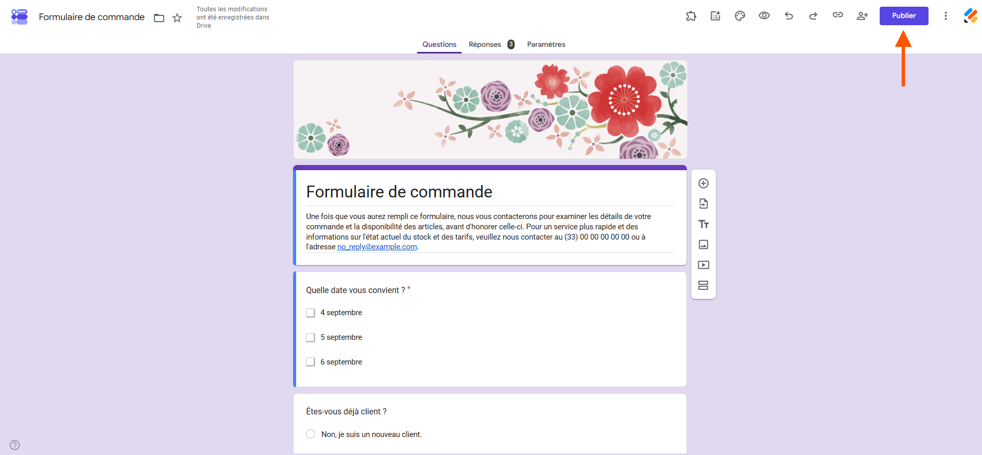 Capture d'écran d'un formulaire de commande dans Google Forms avec une flèche pointant vers le bouton Publier