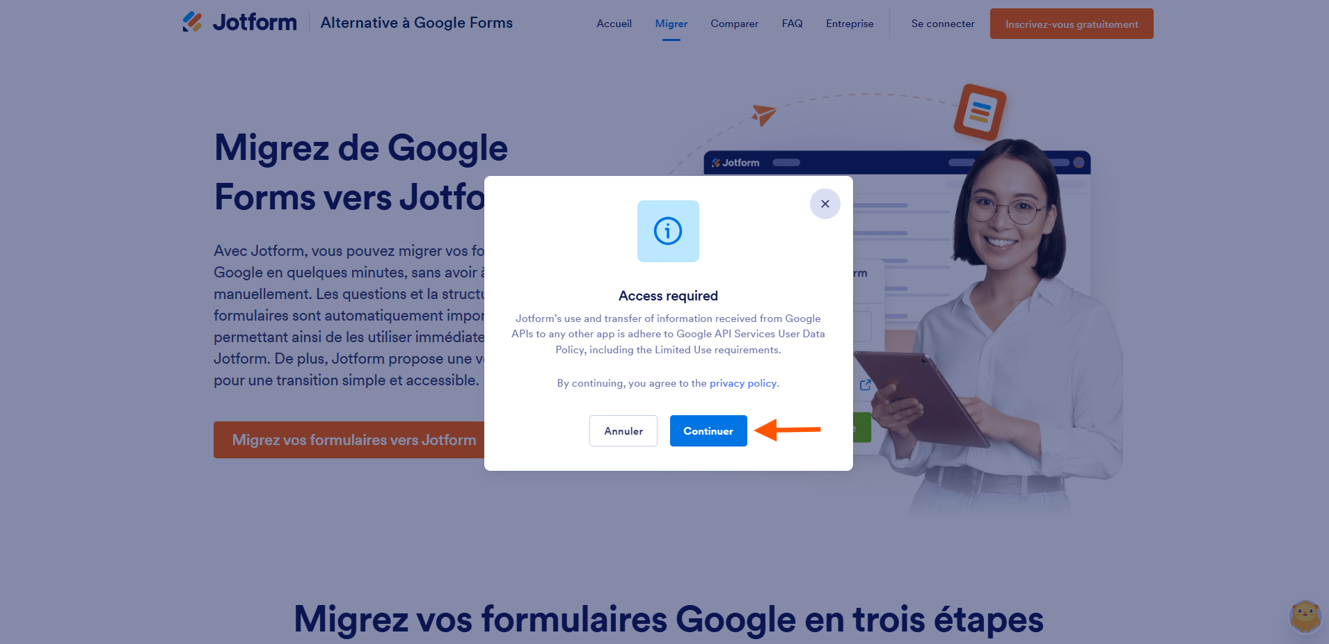 Capture d'écran de la notification « Accès requis » sur l'outil de migration de Google Forms vers Jotform, avec une flèche pointant vers le bouton Continuer