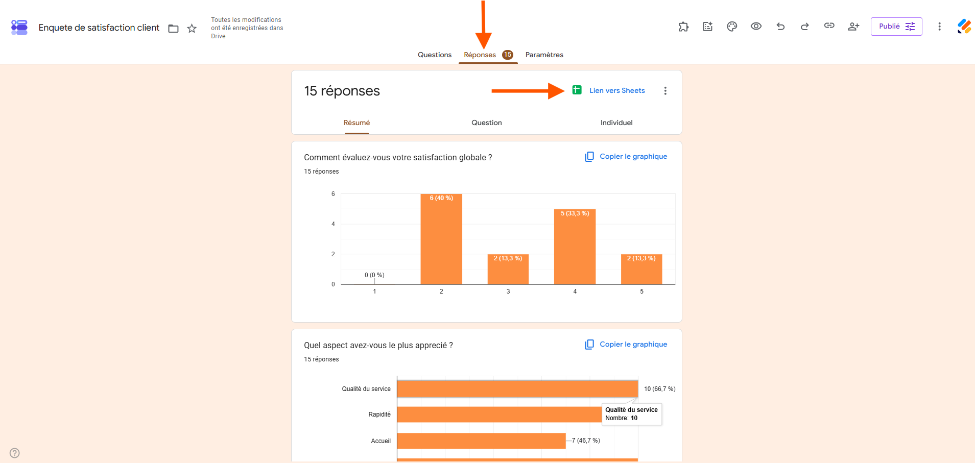 Capture d'écran d'un formulaire dans Google Forms montrant l'onglet Réponse avec une flèche vers Liens vers Sheets