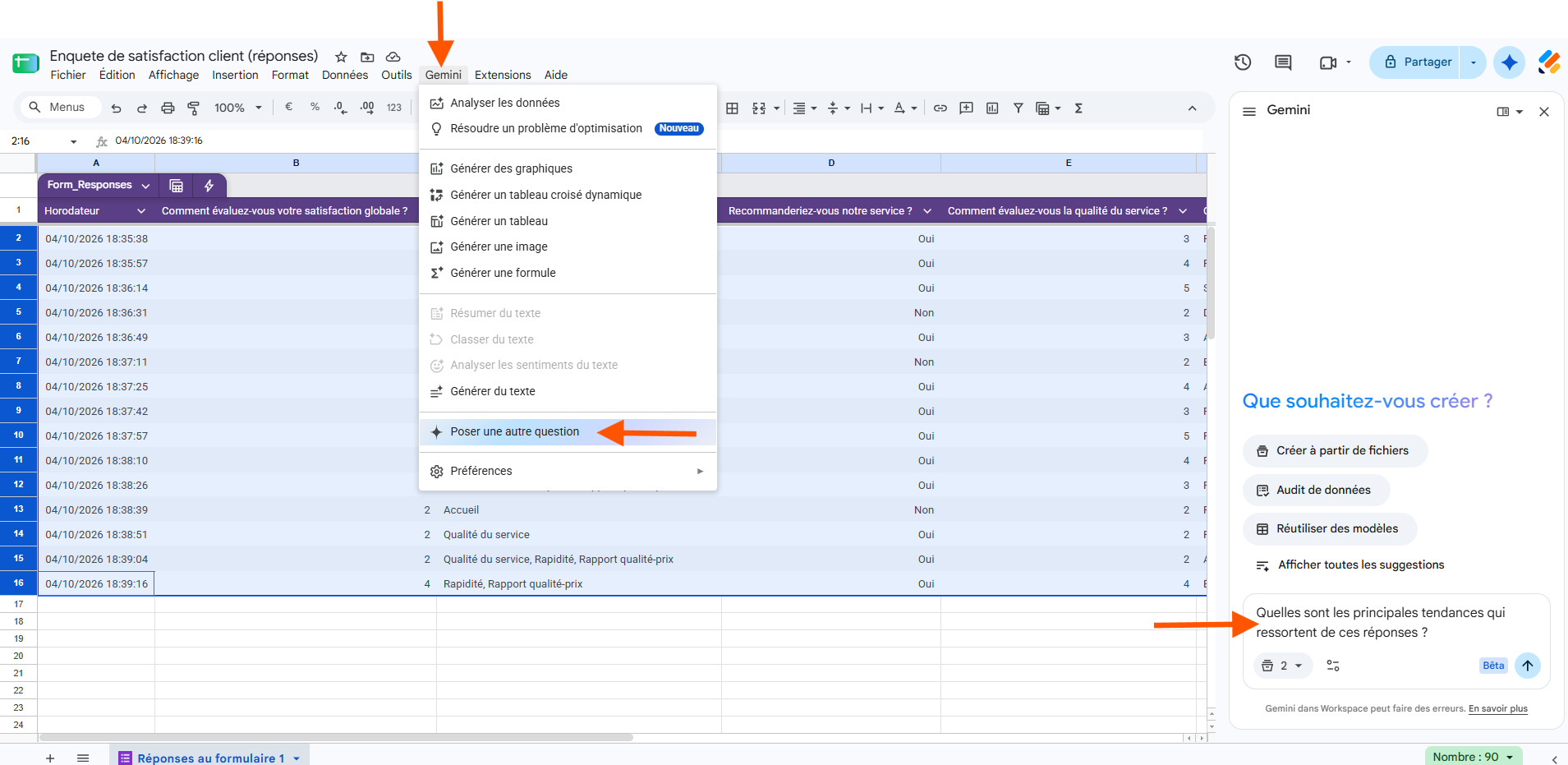 Capture d'écran du tableau Google Sheets avec une flèche vers Gemini, une autre vers Poser une autre question et une troisième vers la question posée dans le volet Gemini ouvert à droite