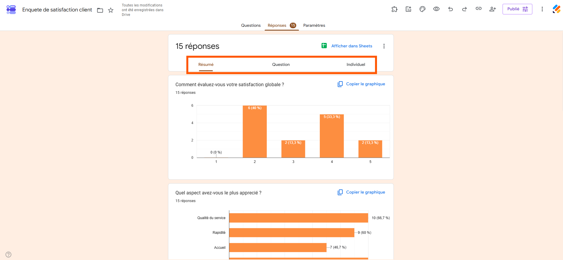 Capture d'écran de la page Réponses d'un formulaire Google Forms avec un encadré autour des vues Résumé, Question et Individuel