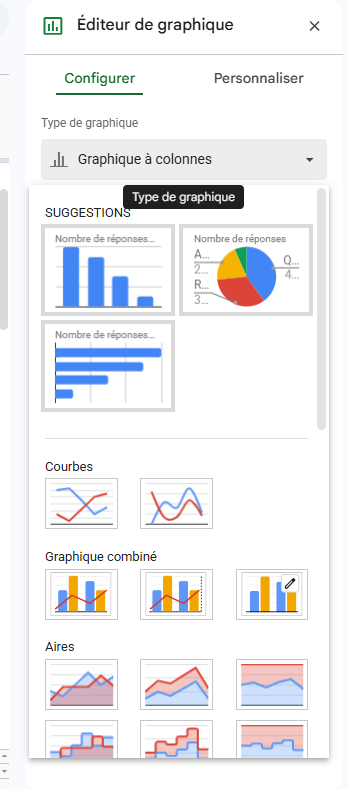 Capture d'écran de la section Type de graphique dans le volet Éditeur du graphique