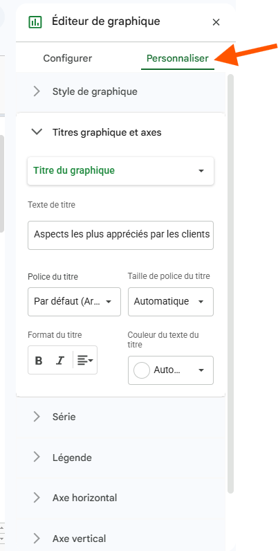 Capture d'écran de l'éditeur de graphique montrant l'onglet Personnaliser