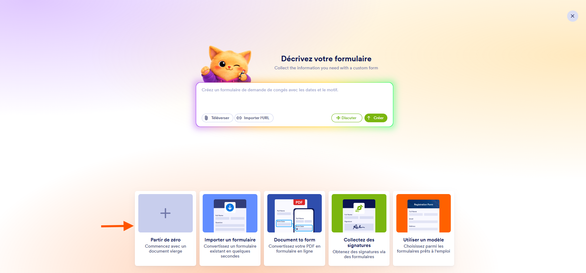 Capture d'écran de l'interface du Générateur de formulaires Jotform montrant les options pour créer un formulaire avec une flèche pointant vers Partir de zéro