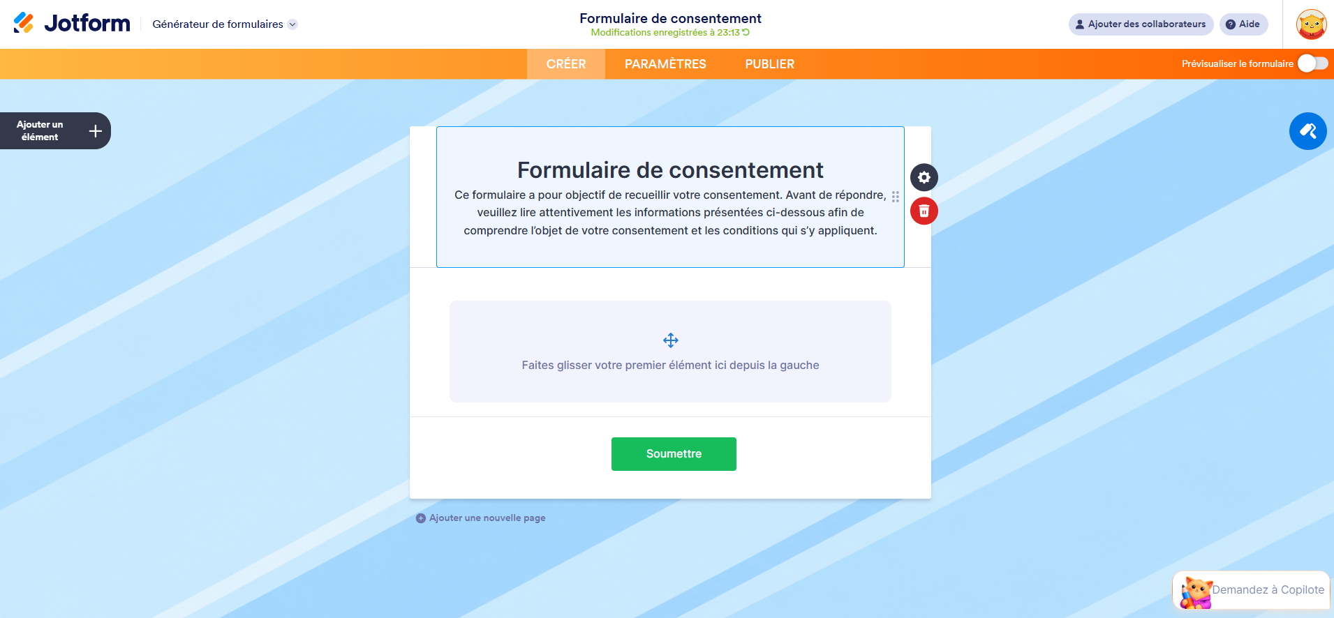 Capture d'écran d'un formulaire de consentement dans le Générateur de formulaires Jotform avec un titre et une description