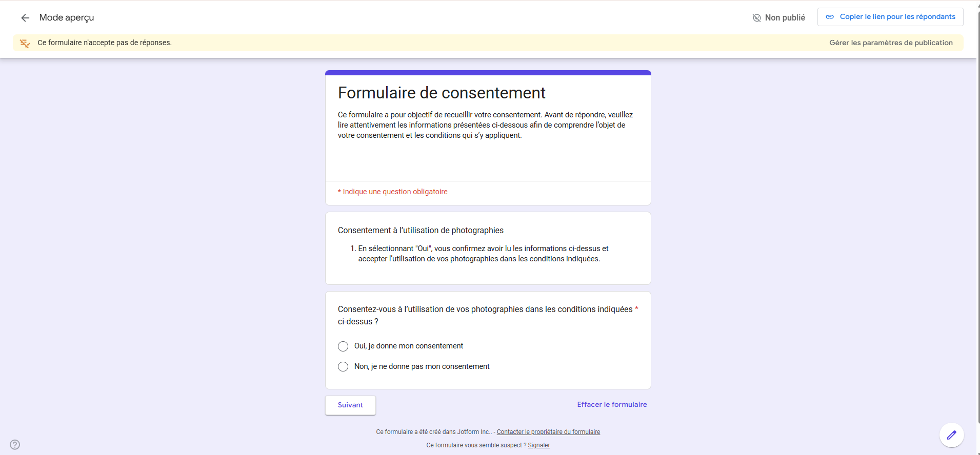 Capture d'écran du formulaire de consentement en mode Aperçu dans Google Forms