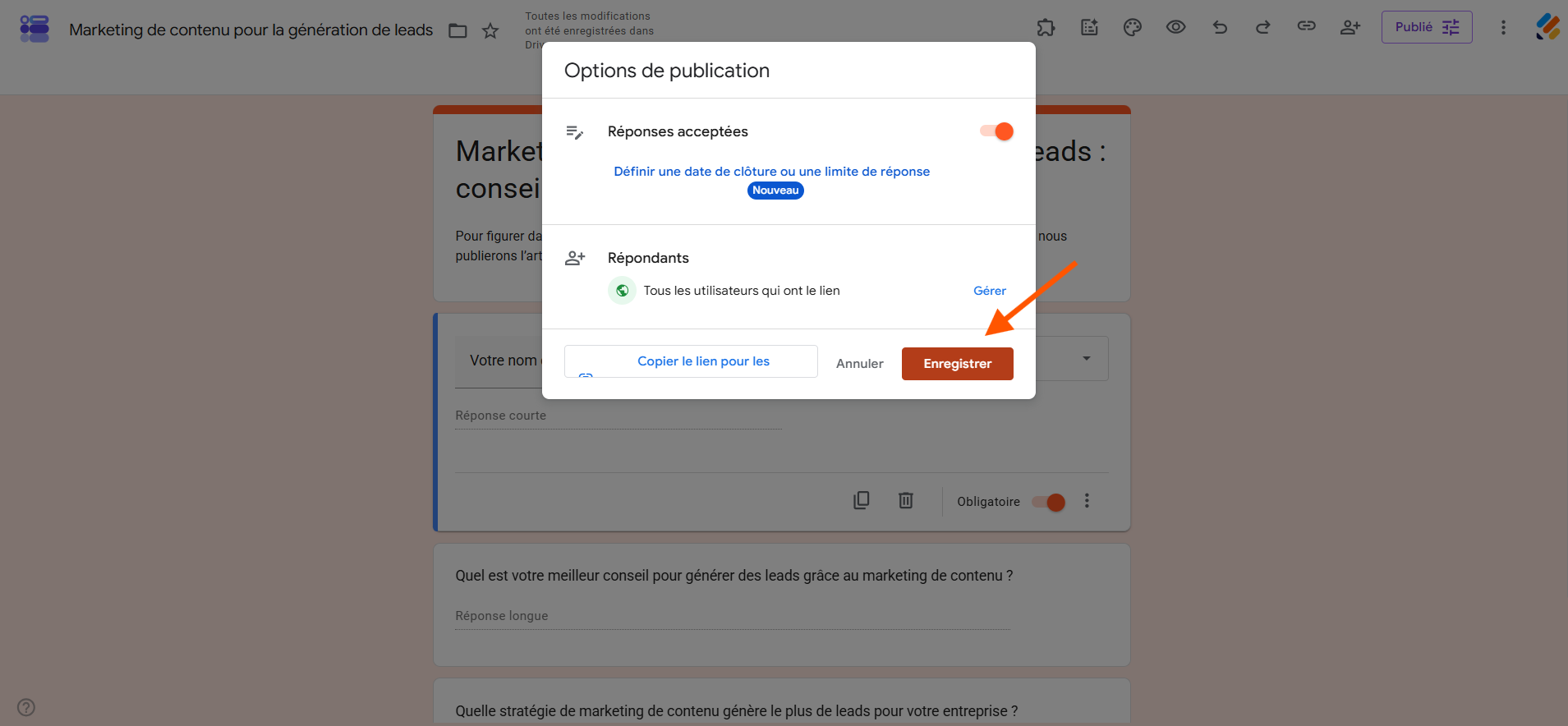 Capture d'écran de la fenêtre Options de publication avec une flèche pointant vers Enregistrer