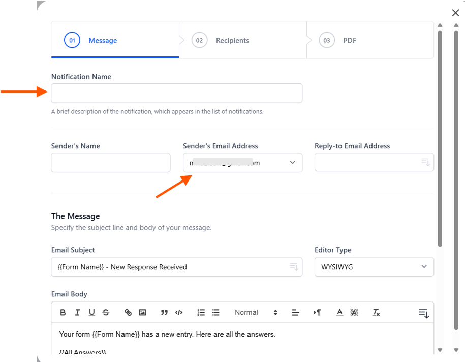 Capture d'écran du menu des paramètres de Email Notifications for Forms qui requiert le Nom de la notification, le Nom de l'expéditeur, l'Adresse email de l'expéditeur et celle pour soumettre les réponses