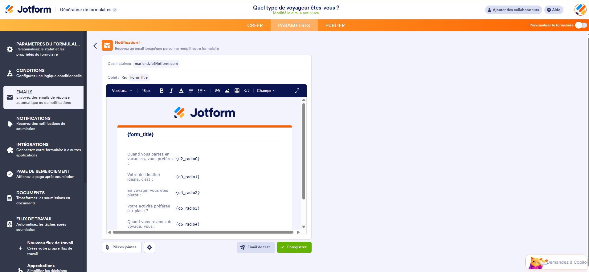 Capture d'écran des paramètres de l'email de notification à configurer dans le Générateur de formulaires Jotform