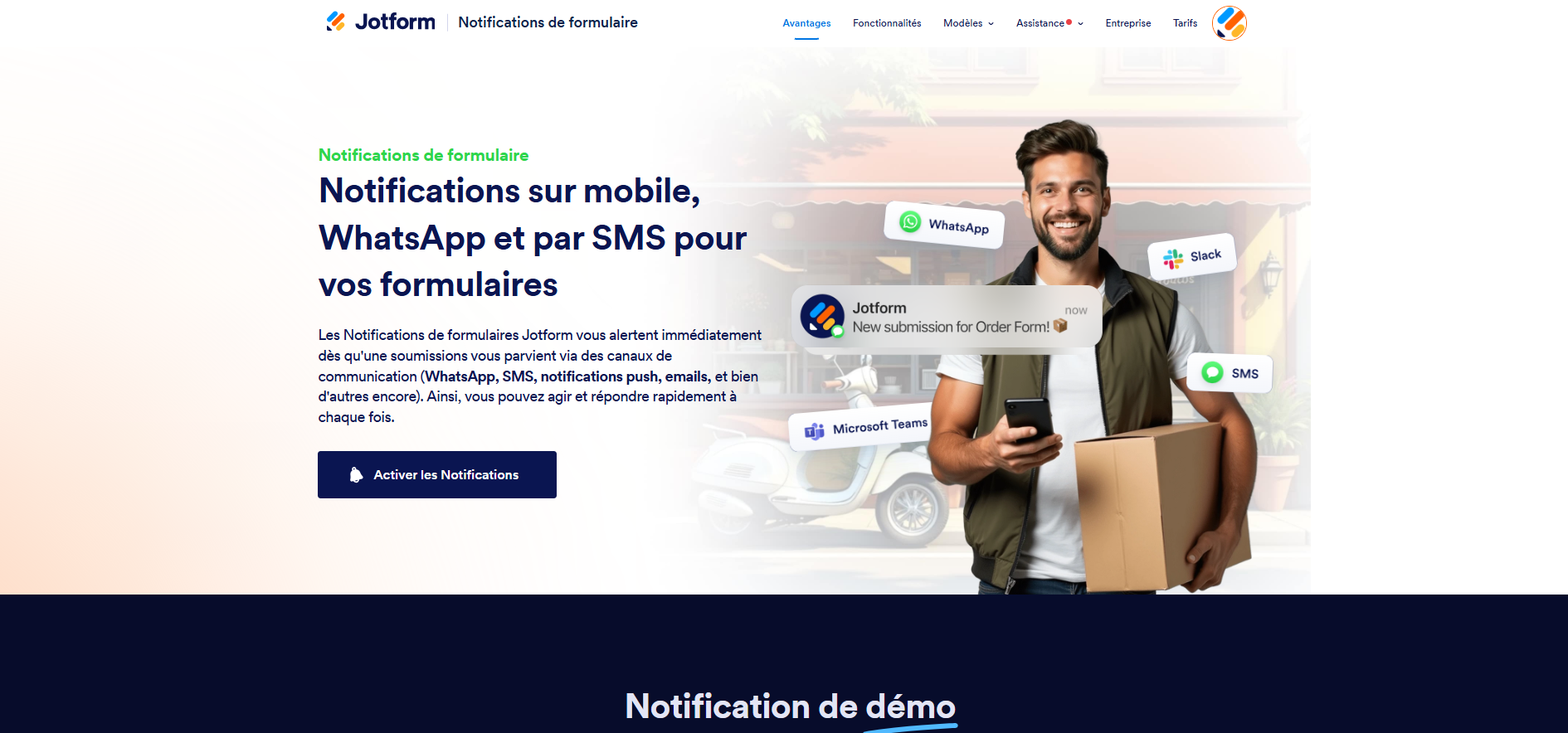 Capture d'écran de la page d'accueil de la page produit Jotform consacrée aux Notifications de formulaire