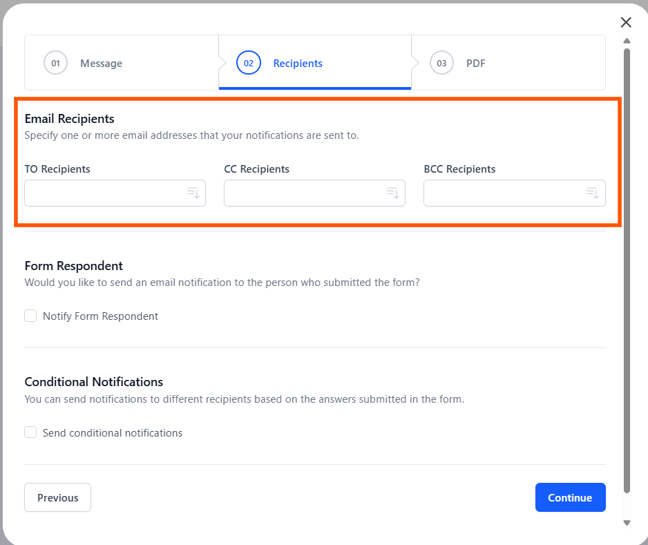 Capture d'écran du menu des paramètres de Email Notifications for Google Forms avec la section Email Recipients encadrée