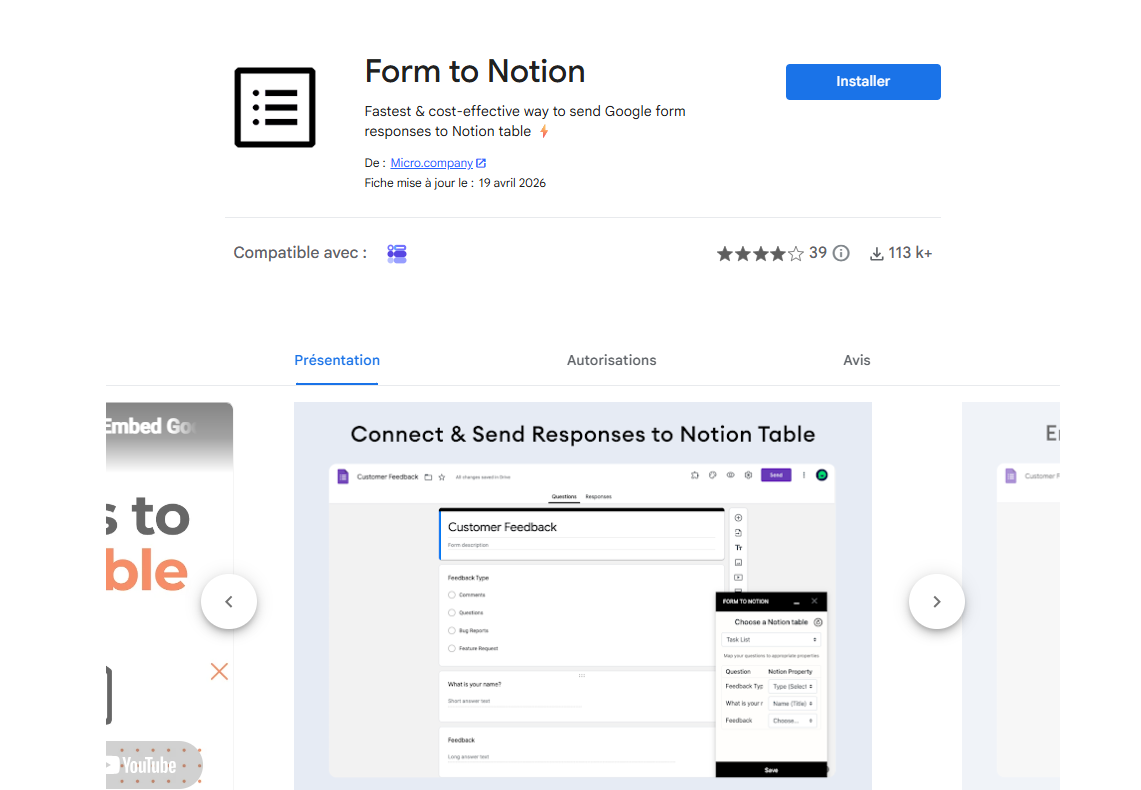 Capture d'écran du plug-in Form to Notion sur Google Workspace Marketplace