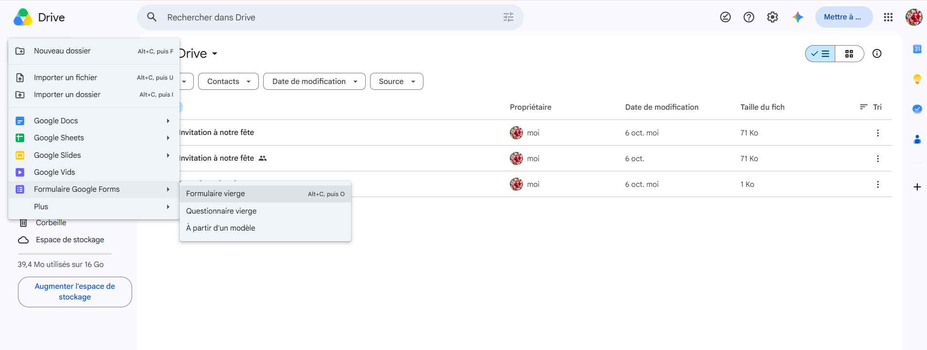 Capture d'écran de Google Drive avec le menu +Nouveau ouvert et Formulaire Google Forms et Formulaire vierge sélectionnés