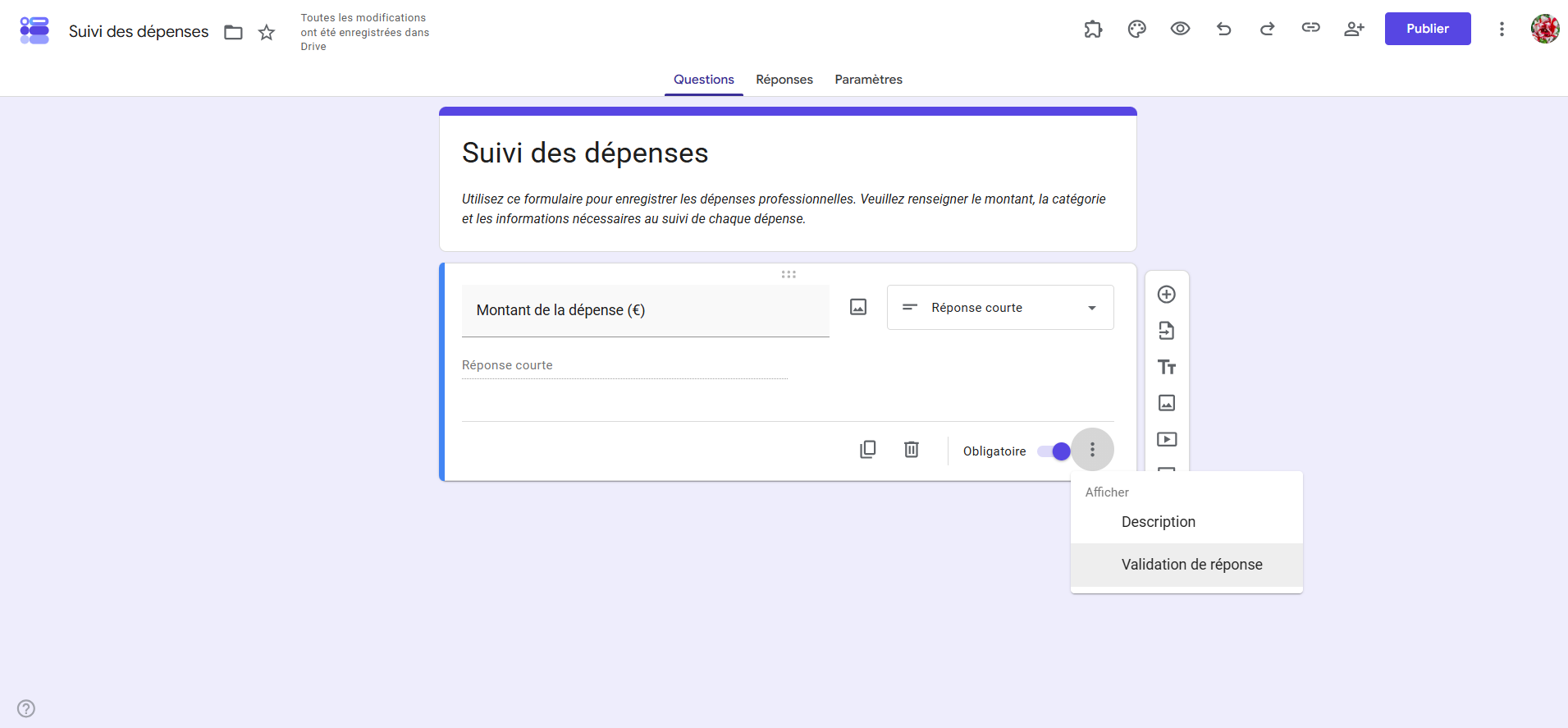 Capture d'écran du formulaire Google Forms avec la question Réponse courte, le menu des trois points ouvert et validation de réponse sélectionné