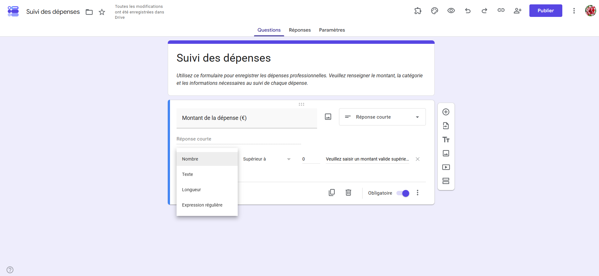 Capture d'écran du formulaire Google Forms avec la question Réponse courte, le menu Validation de réponse ouvert et Nombre sélectionné