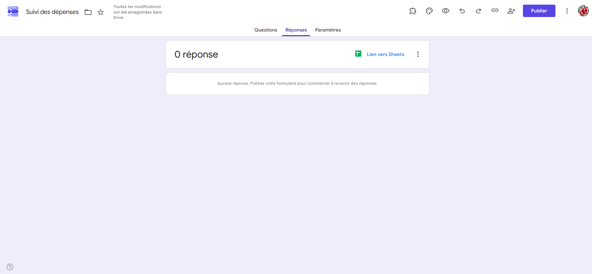 Capture d'écran de l'onglet Réponses du formulaire Google Forms avec l'icône Lien vers Sheets