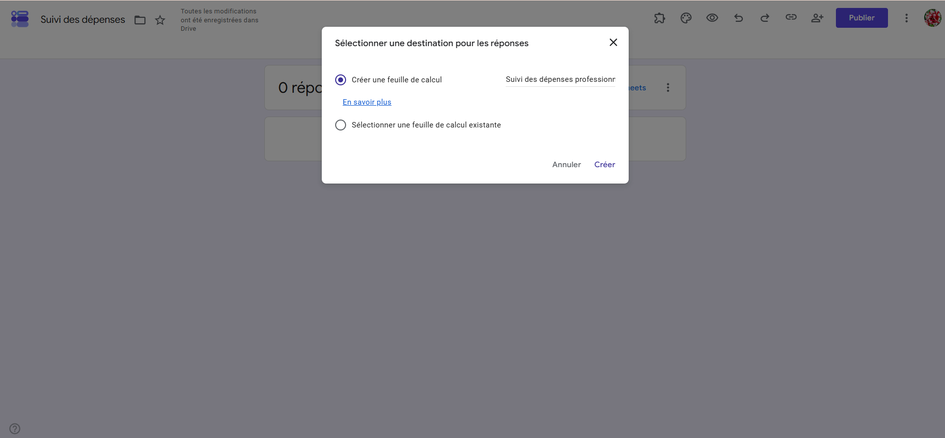 Capture d'écran de la fenêtre contextuelle Sélectionner une destination pour les réponses