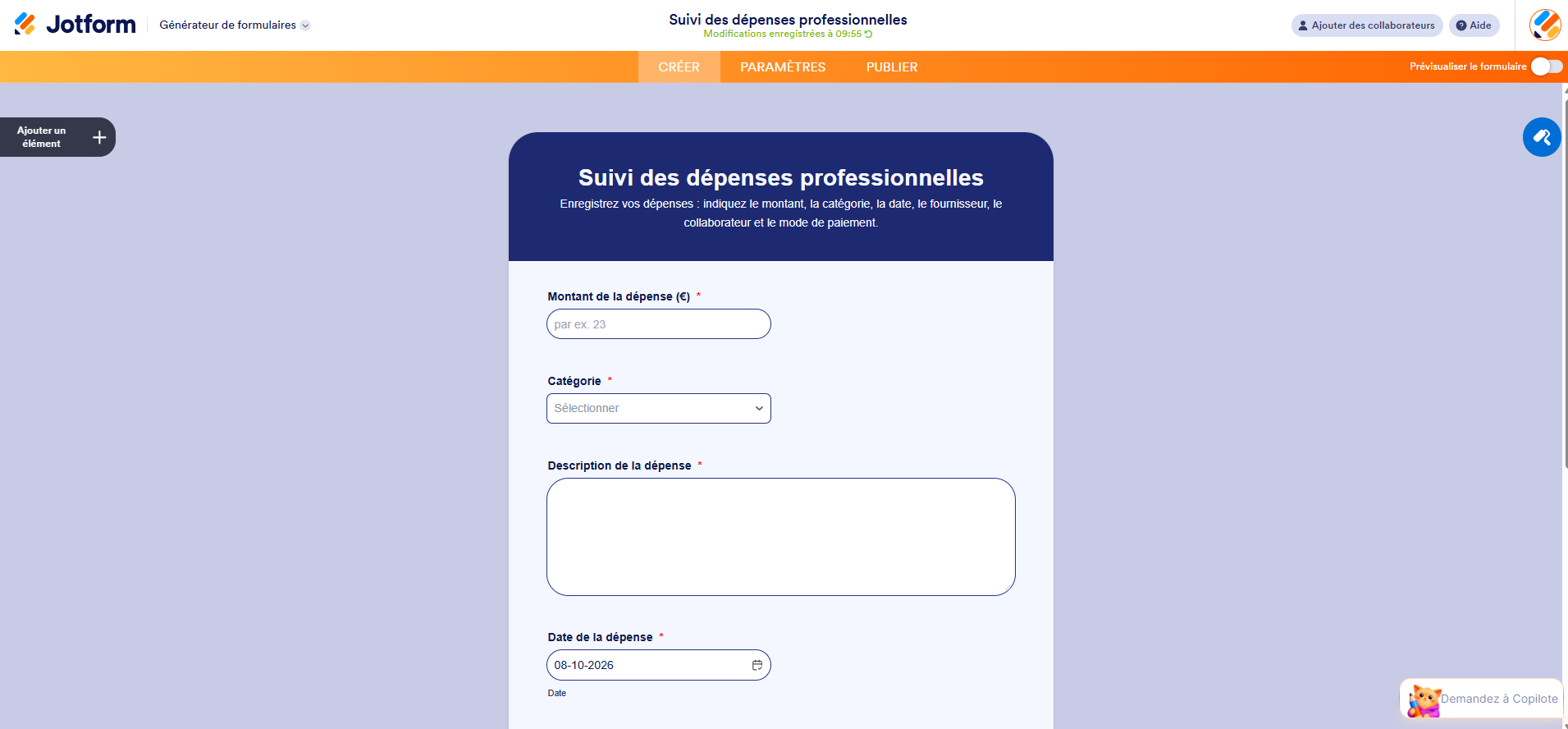 Capture d'écran d'un formulaire Suivi des dépenses professionnelles dans le Générateur de formulaires Jotform