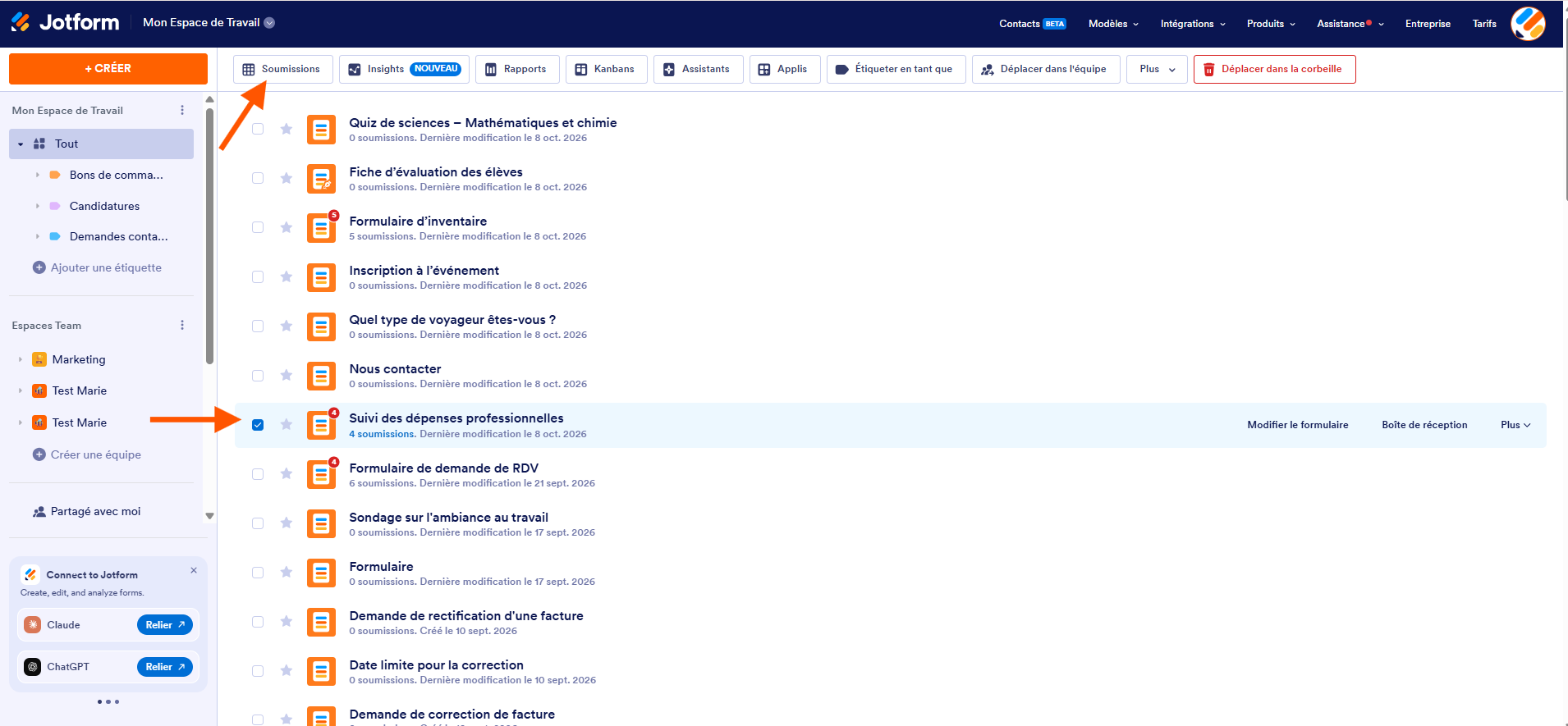 Capture d'écran de la liste des formulaires dans l'interface Jotform avec une flèche pointant vers le formulaire Suivi des dépenses professionnelles sélectionné et une autre vers Soumissions