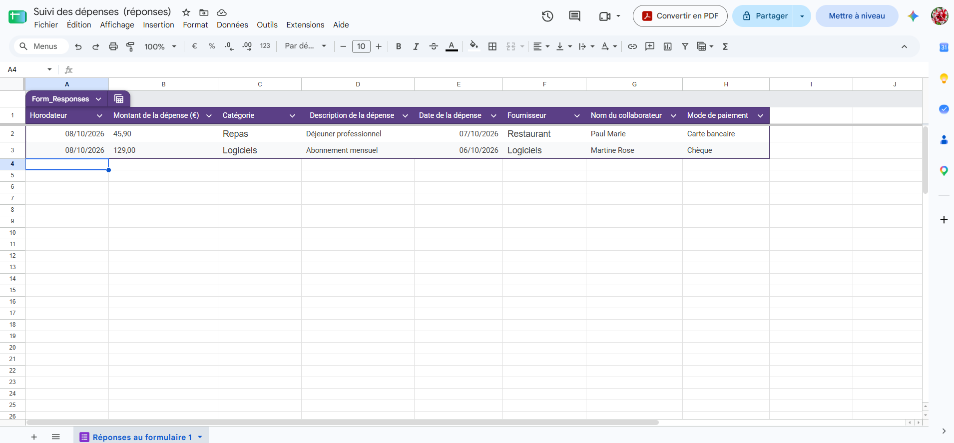 Capture d'écran des réponses du formulaire s'ajoutant automatiquement dans la feuille de calcul Google Sheets associée