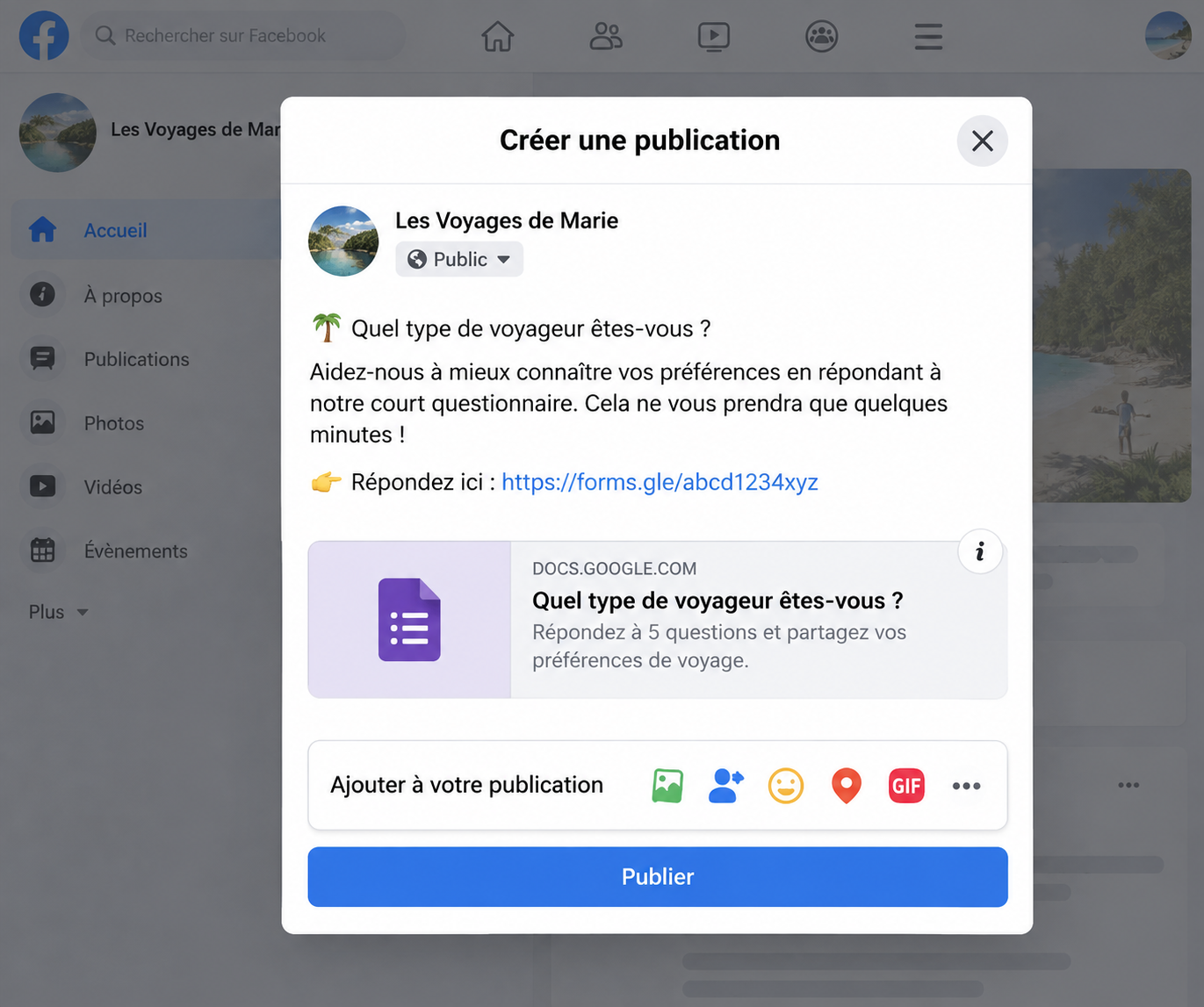 Capture d'écran d'une publication Facebook avec le lien d’un formulaire Google Forms