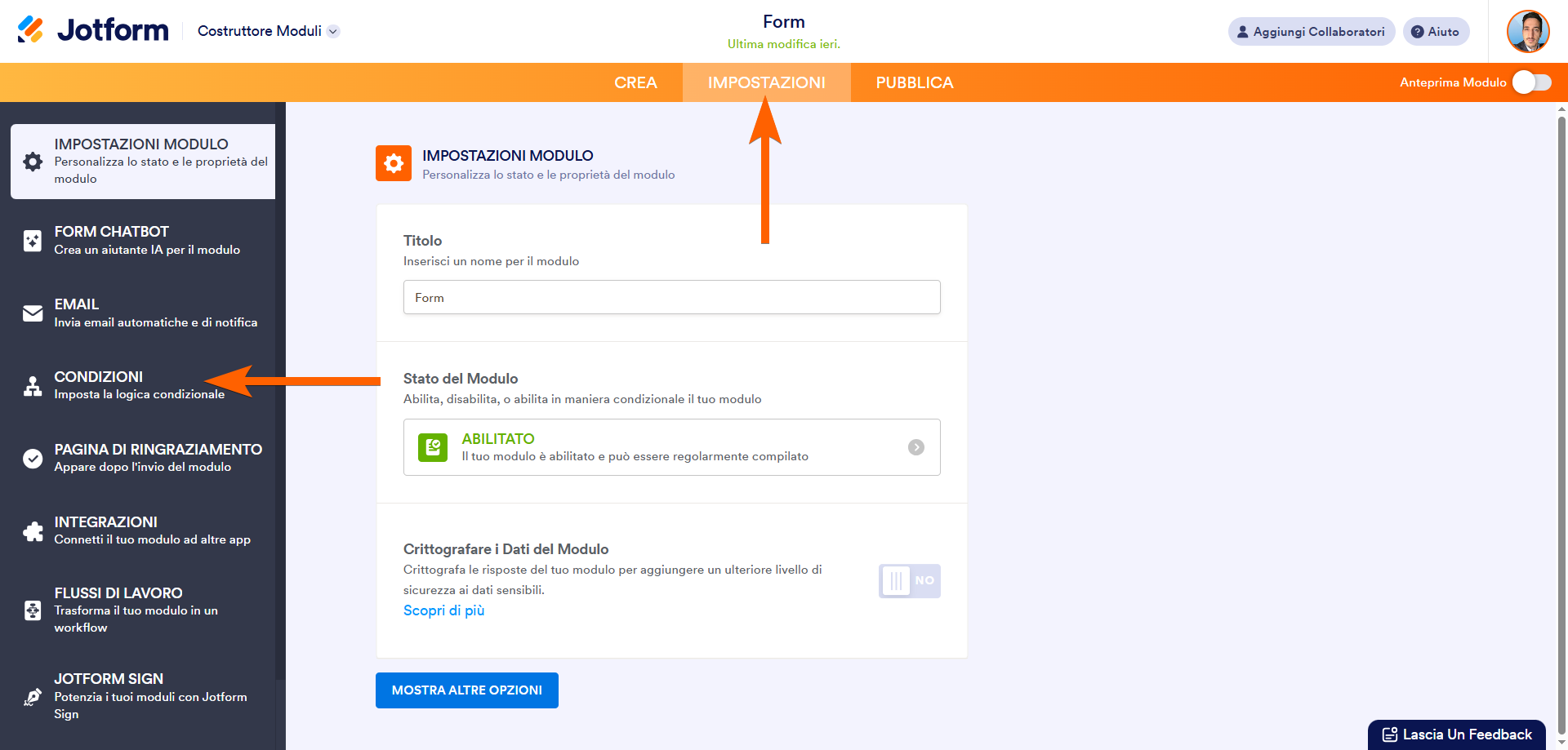 Cliccando sulla Scheda Impostazioni e poi sulla scheda Condizioni nel Costruttore di Moduli Jotform