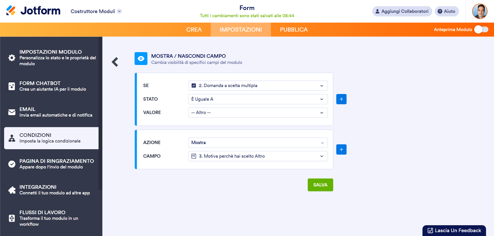 Configurazione delle condizione Mostra/Nascondi Campo nel Costruttore Moduli di Jotform