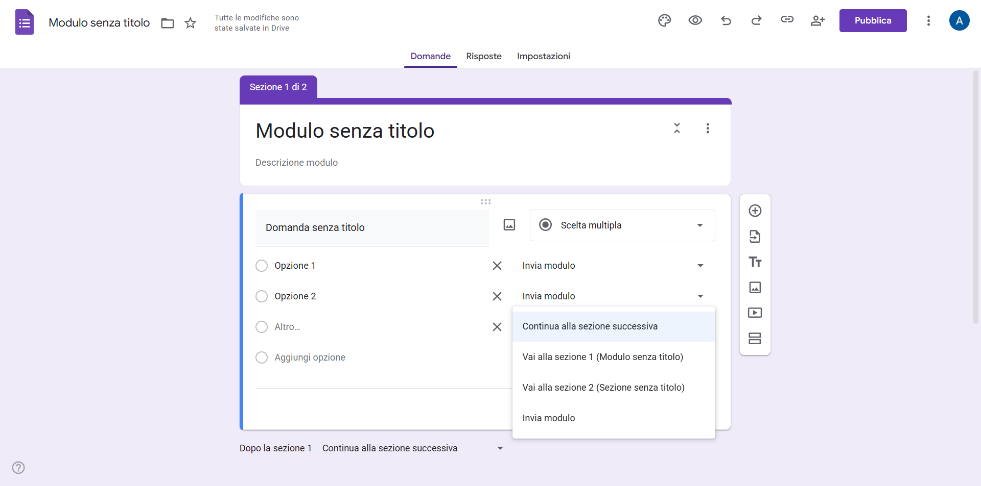 Screenshot che mostra una domanda a scelta multipla di Google con l'opzione Continua alla sezione successiva