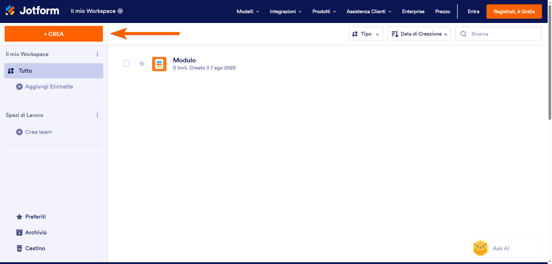 Freccia che indica il pulsante + Crea nel Workspace di Jotform