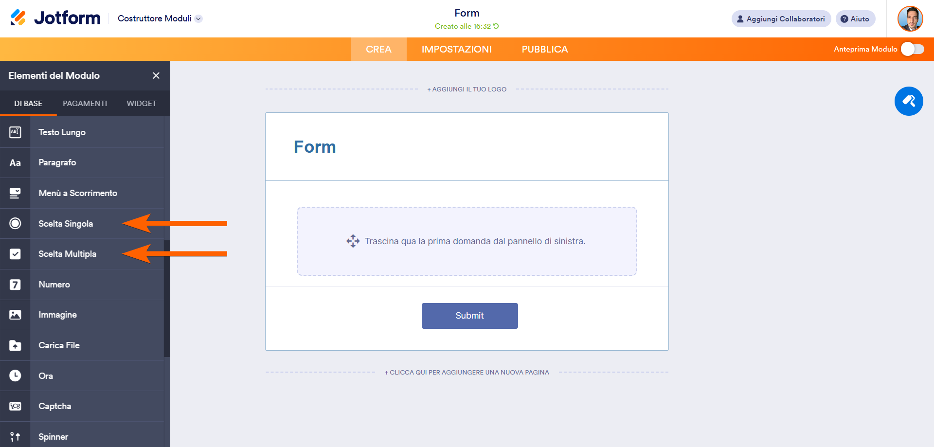 Screenshot del Costruttore Moduli Jotform con frecce che indicano gli elementi Scelta singola e Scelta multipla