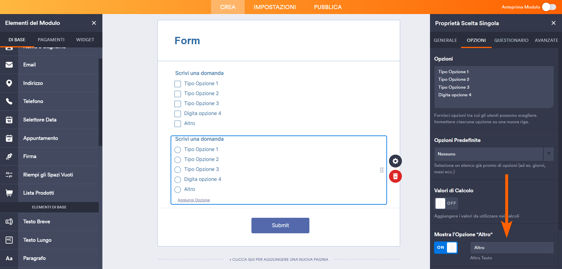 Screenshot del Costruttore di Moduli Jotform con una freccia che punta su Mostra l'Opziopne "Altro"