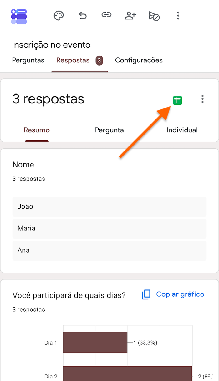 Aba "Respostas" do Formulários Google em um dispositivo móvel, com uma seta destacando o ícone do Google Planilhas para vincular as respostas a uma planilha