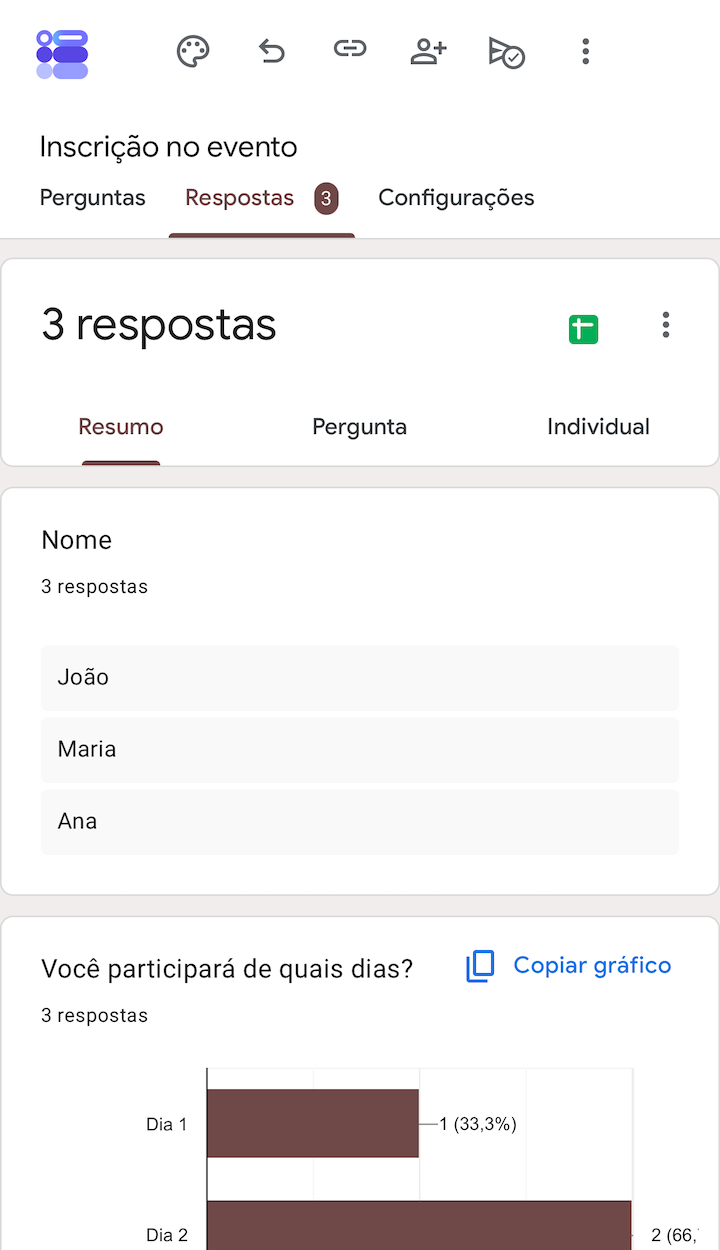 Caixa de diálogo de respostas do Formulários Google em um iPhone