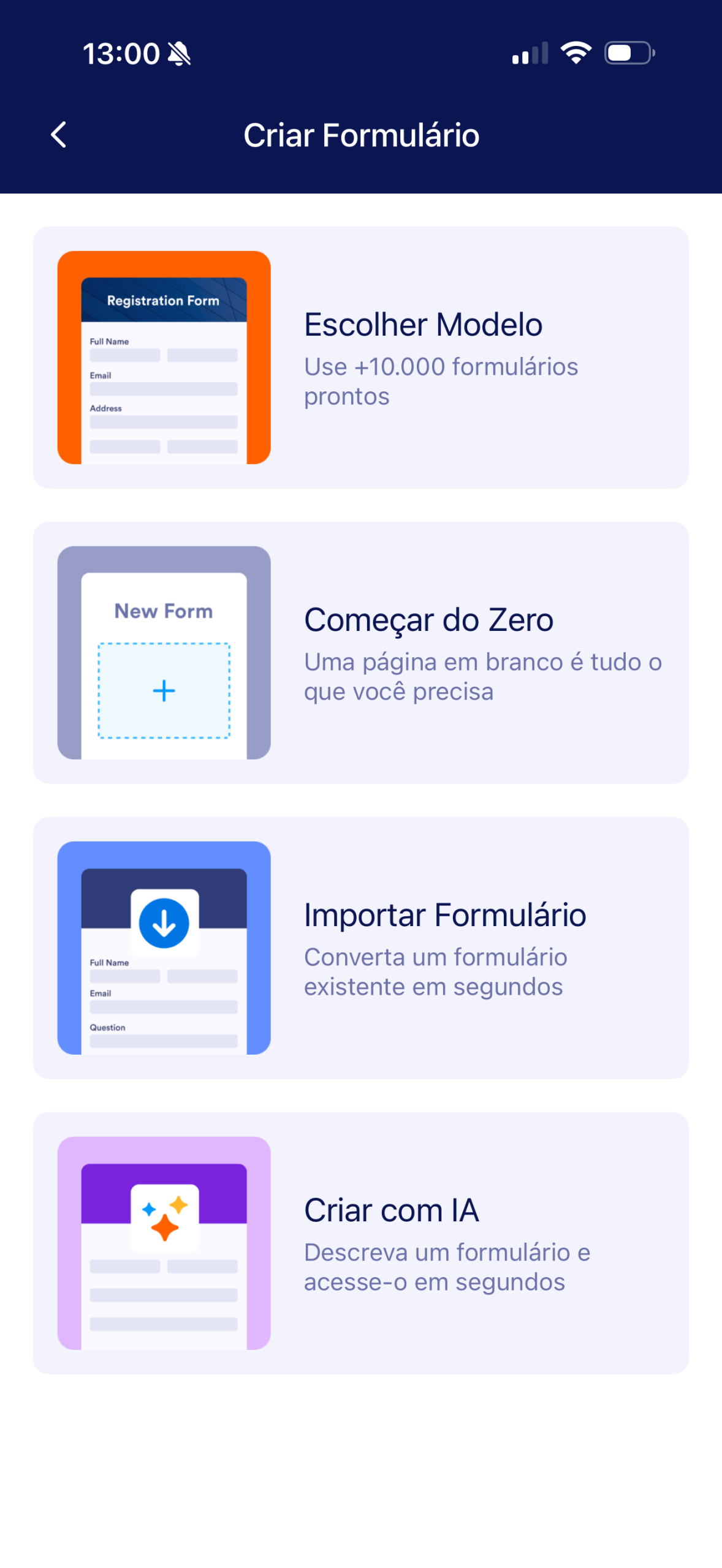 Captura de tela móvel exibindo opções para criar um formulário, incluindo começar do zero, usar um modelo, importar um formulário e criar com IA