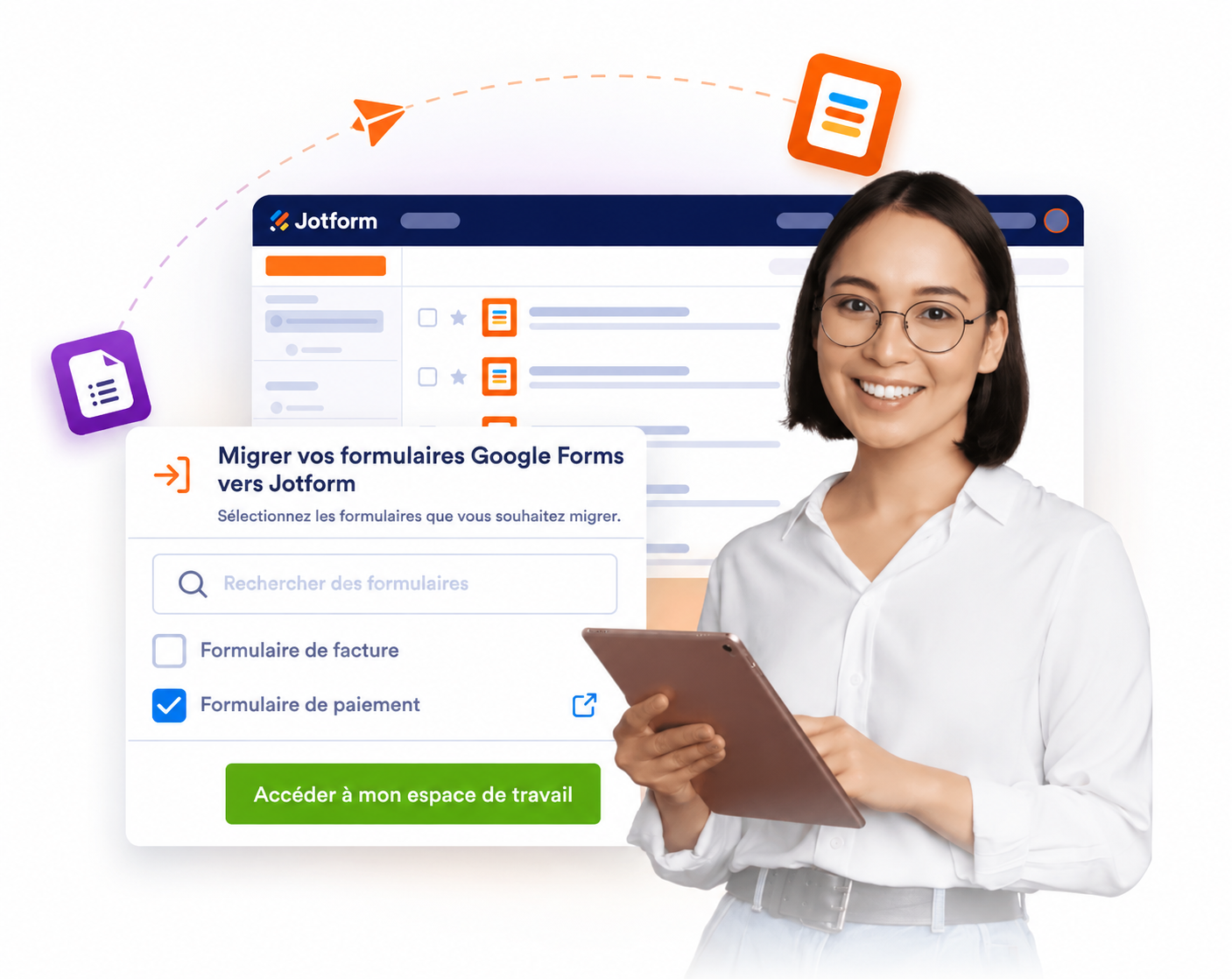 Image Jotform présentant l'outil de migration vers Google Forms