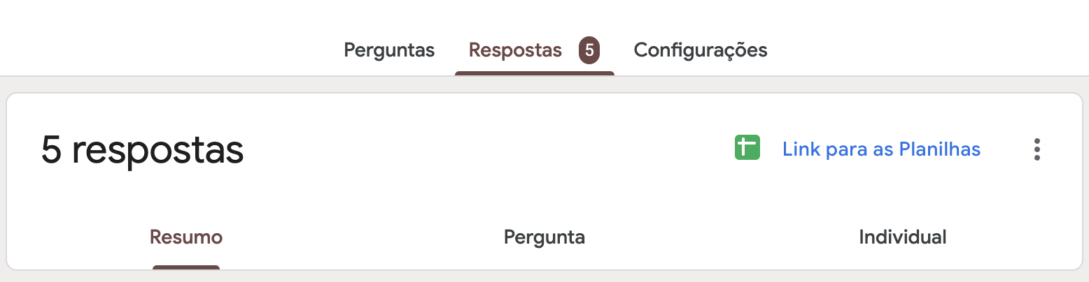 Aba "Respostas" do Formulários Google, exibindo cinco respostas e as opções "Resumo", "Pergunta" e "Individual"