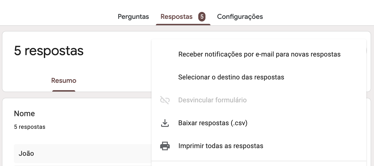 Menu de opções da aba "Respostas" aberto, exibindo opções para gerenciar, baixar e imprimir as respostas do formulário