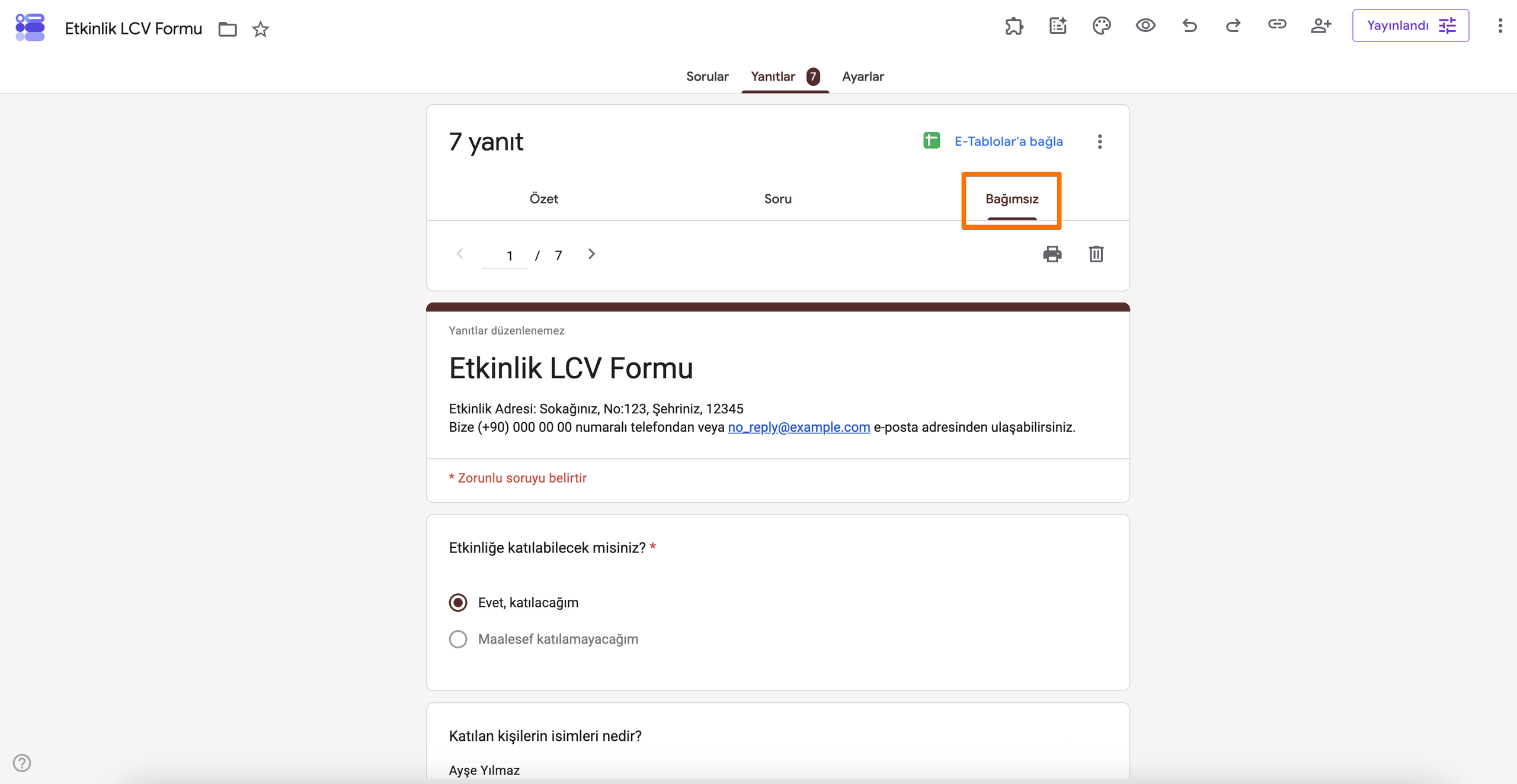 Yanıtlar Altındaki Bağımsız Sekmesine Tıklama
