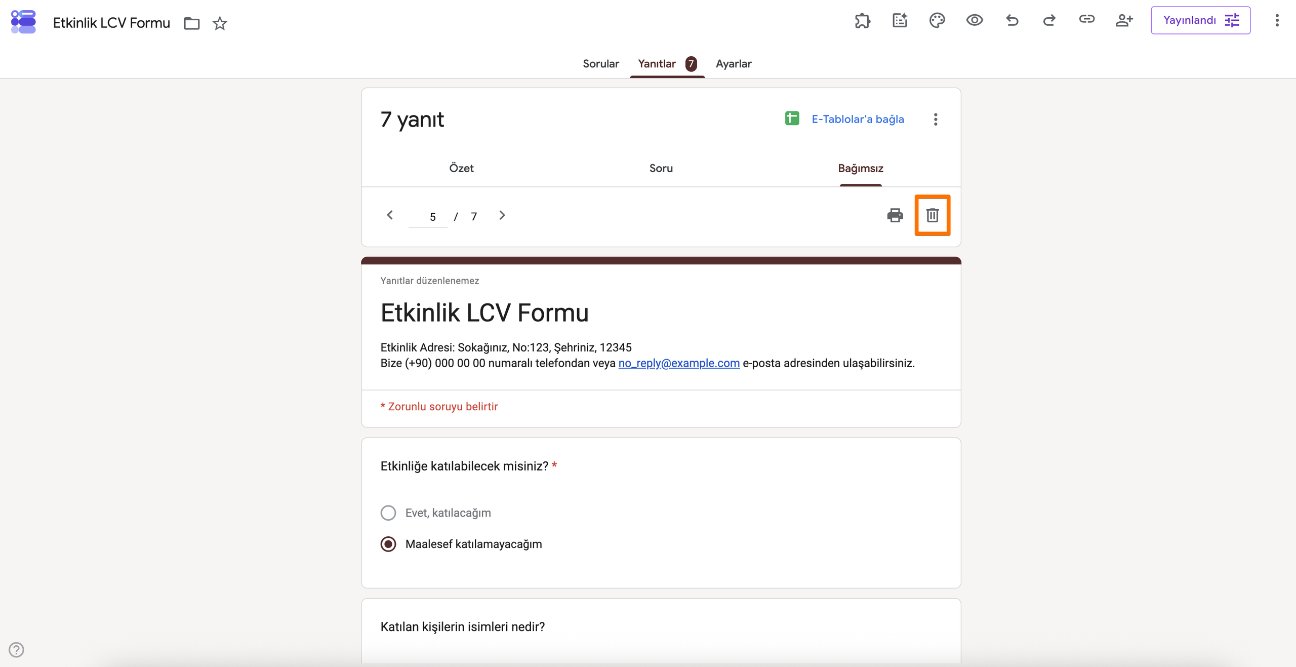 Bir Yanıtı Silmek İçin Çöp Kutusu Simgesine Tıklama