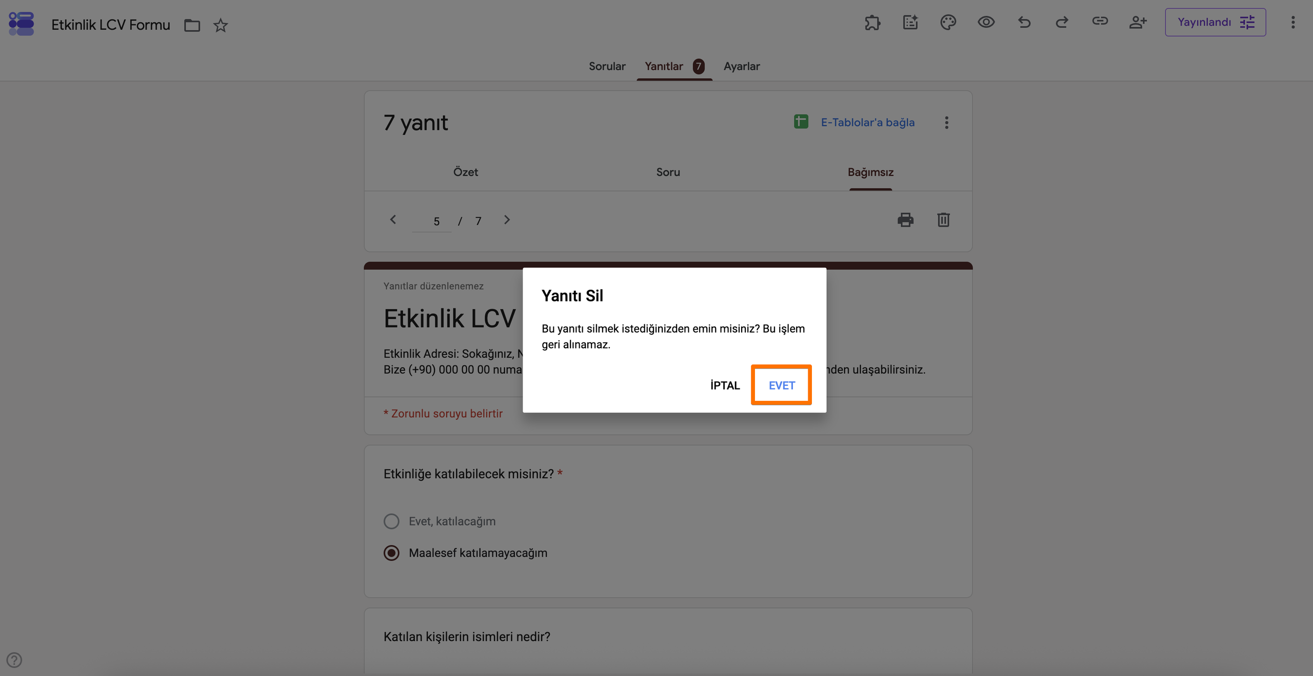 Yanıt Silme Sekmesinde "Evet" Düğmesine Tıklama
