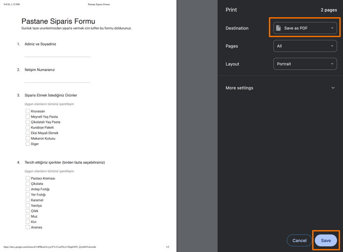 Google Forms Yazdırma Menüsü PDF Olarak Kaydetme Seçeneği ve Kaydet Butonu